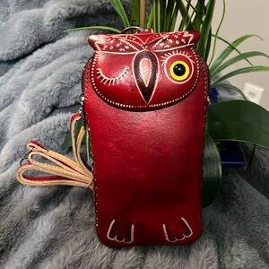 Handmade Euc Owl Design Red Leather Crossbody Bag